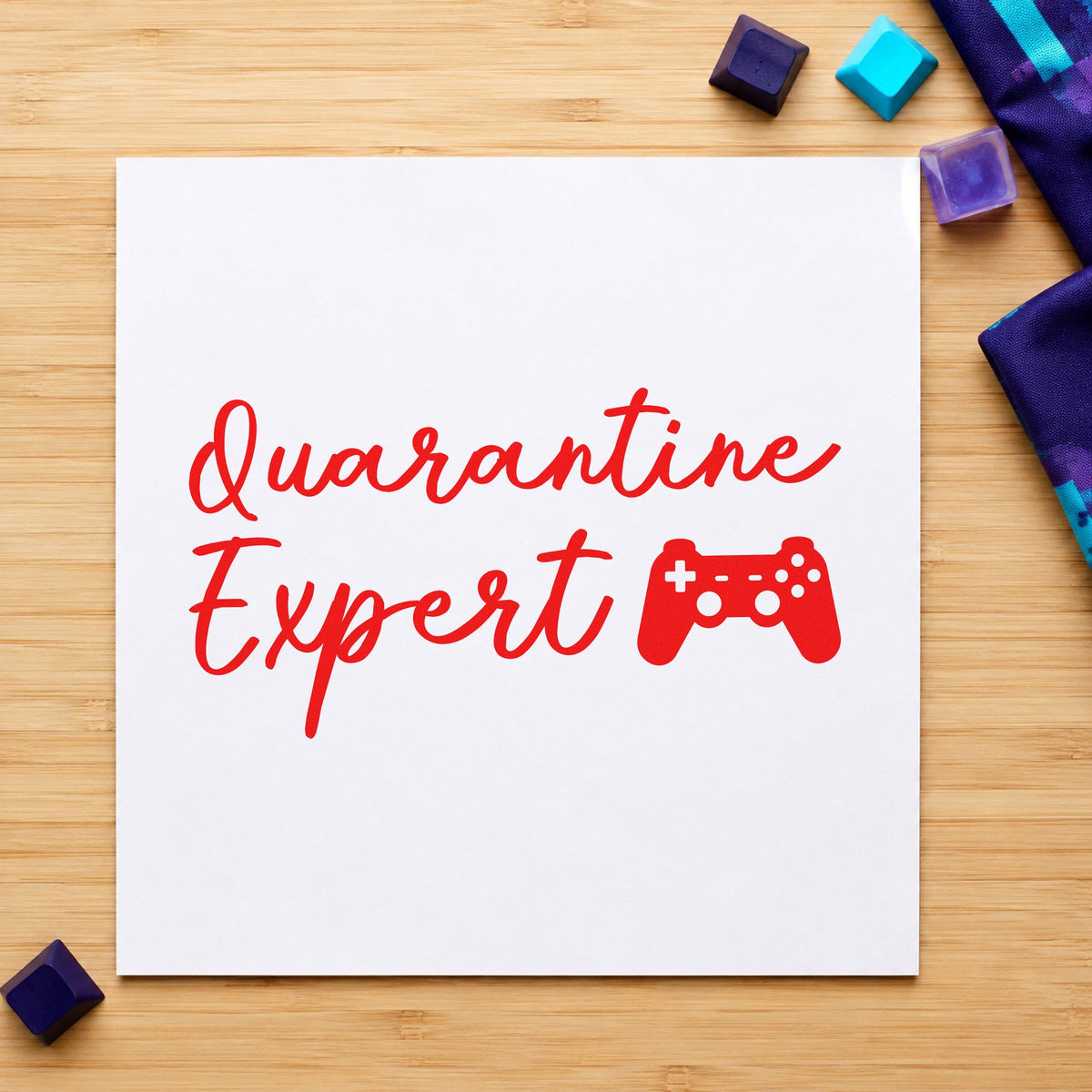Quarantine Expert Gaming Controller craft stamp imprint in red ink on a handmade project, one idea being session note cards.