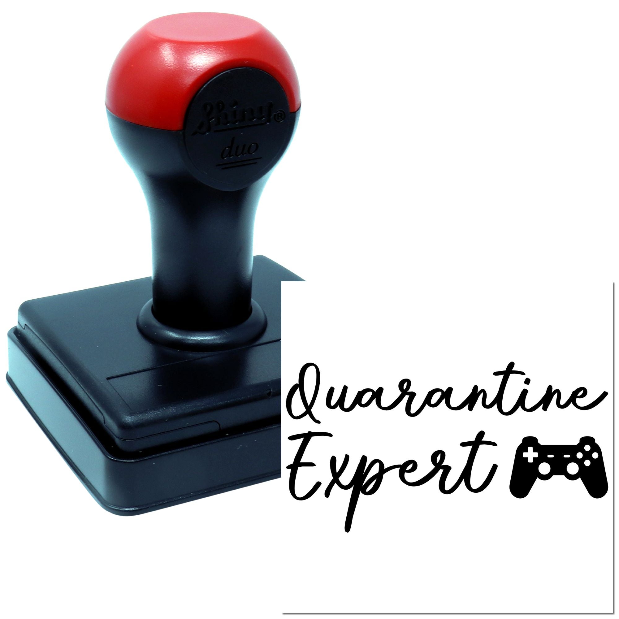 Custom self-inking rubber stamp printing "Quarantine Expert" with game controller icon, ideal for personalized novelty stamps.