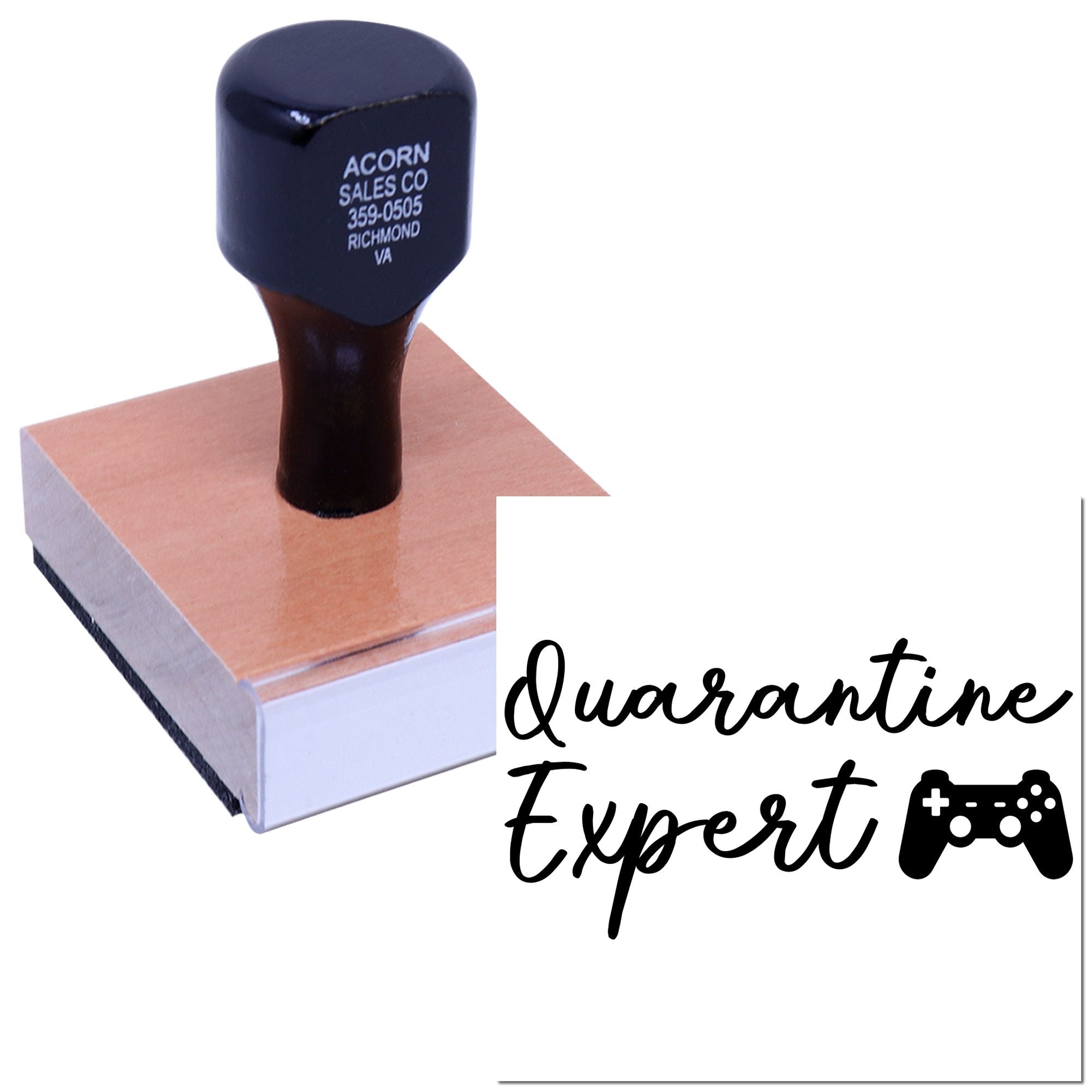 Custom rubber stamp with Quarantine Expert design and game controller icon for gamer-themed branding.
