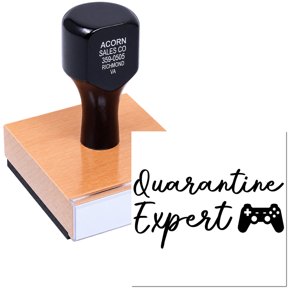 Custom rubber stamp with Quarantine Expert design and game controller icon for gamer-themed branding.