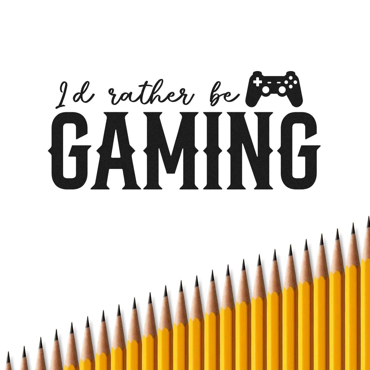 Gaming-themed rubber stamp design with Id rather be gaming text, video game controller icon, and pencil border.