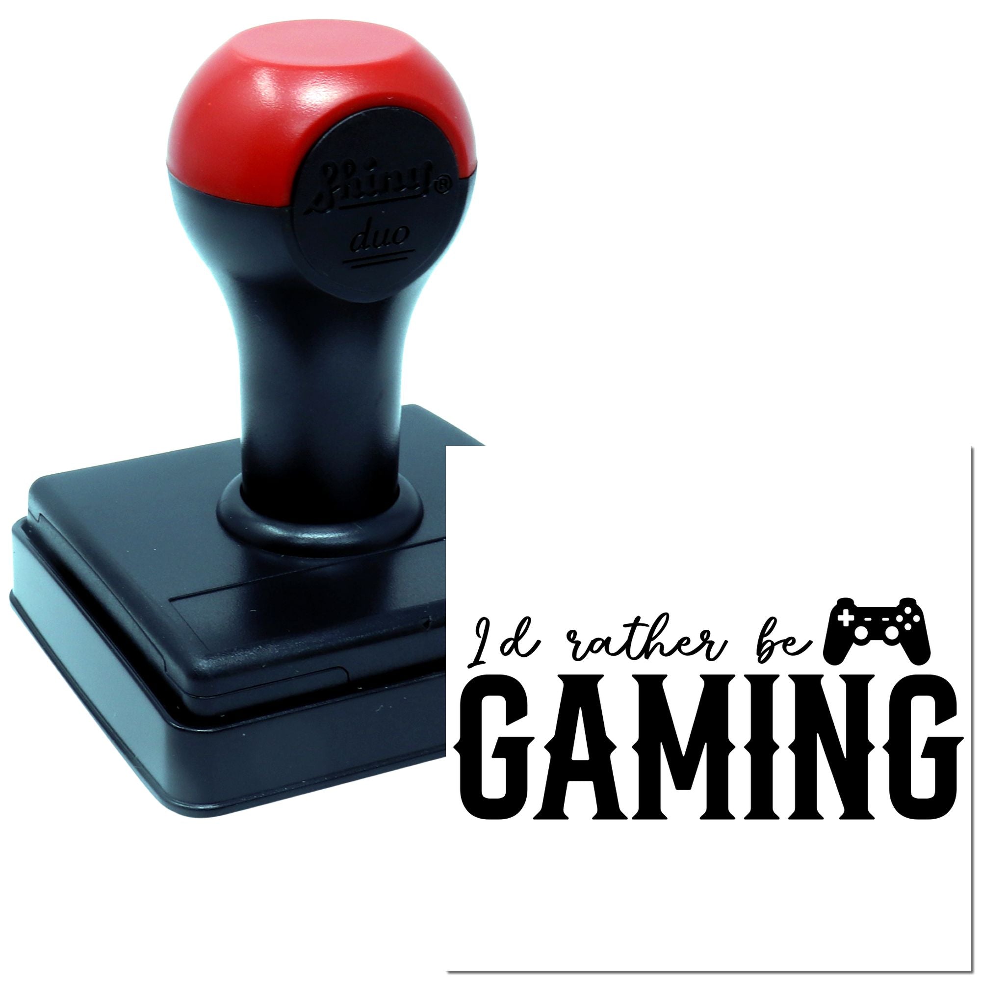 Self-inking rubber stamp with Id rather be gaming text and controller icon for custom gaming-themed projects.