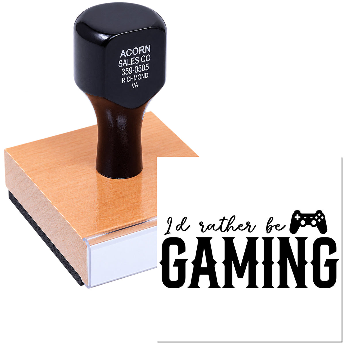 Wooden rubber stamp featuring Id rather be Gaming with video game controller icon for custom gamer crafts and gifts.