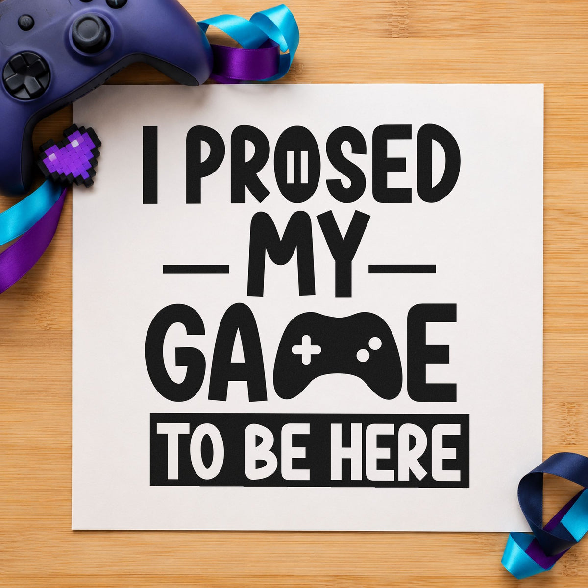 Gaming To Be Here craft stamp imprint in black ink on a handmade project, one idea being outfit gift tags.