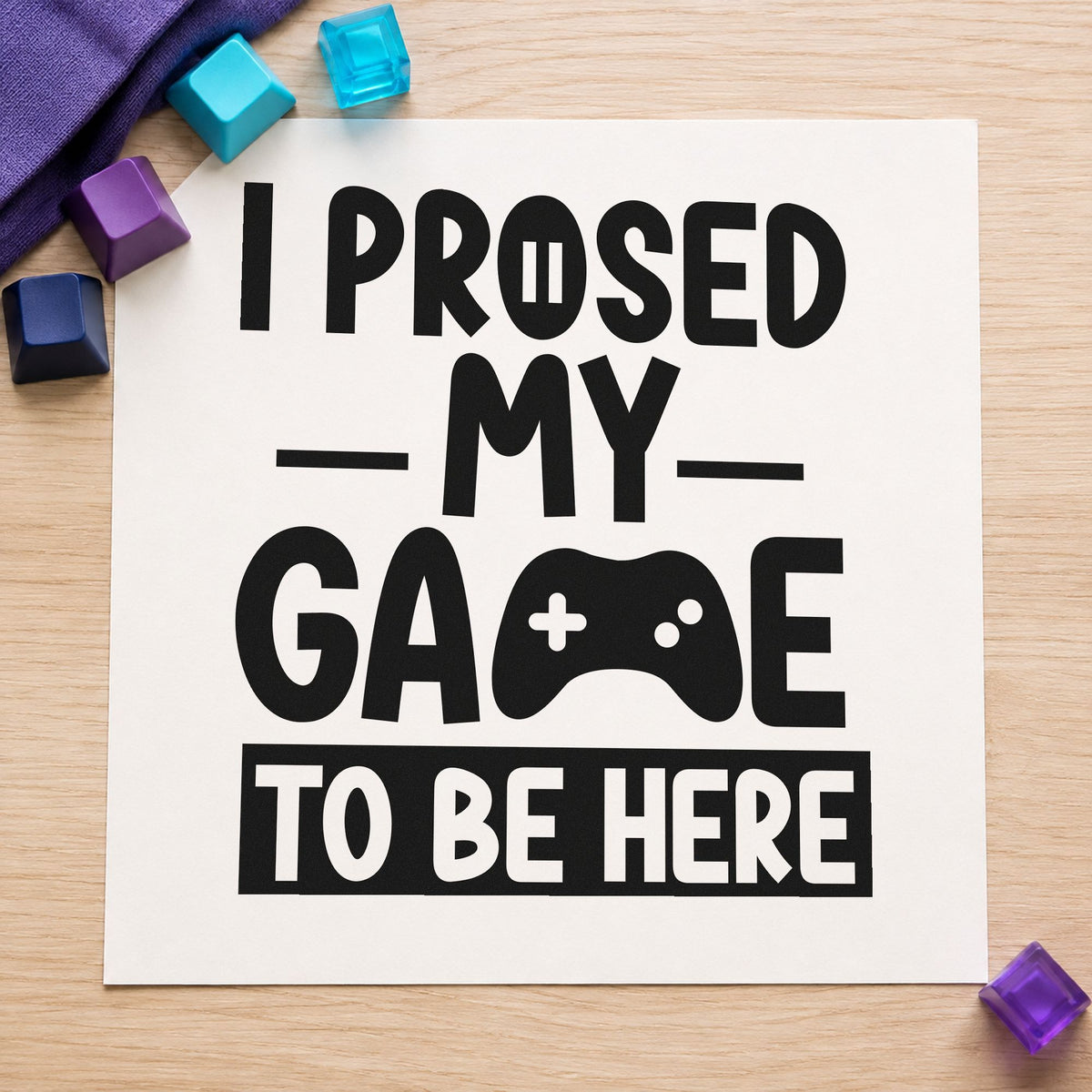 Gaming To Be Here rubber stamp printed in black ink, ready for event date sheet and similar paper crafts.