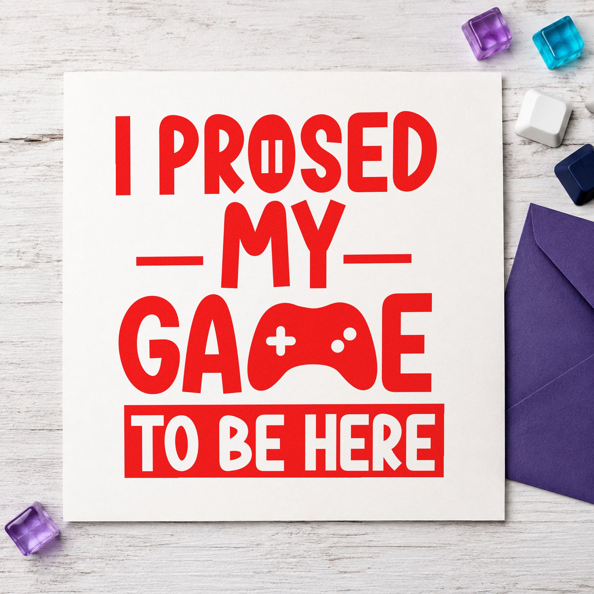 Gaming To Be Here craft stamp imprint in red ink on a handmade project, one idea being escape plan cards.