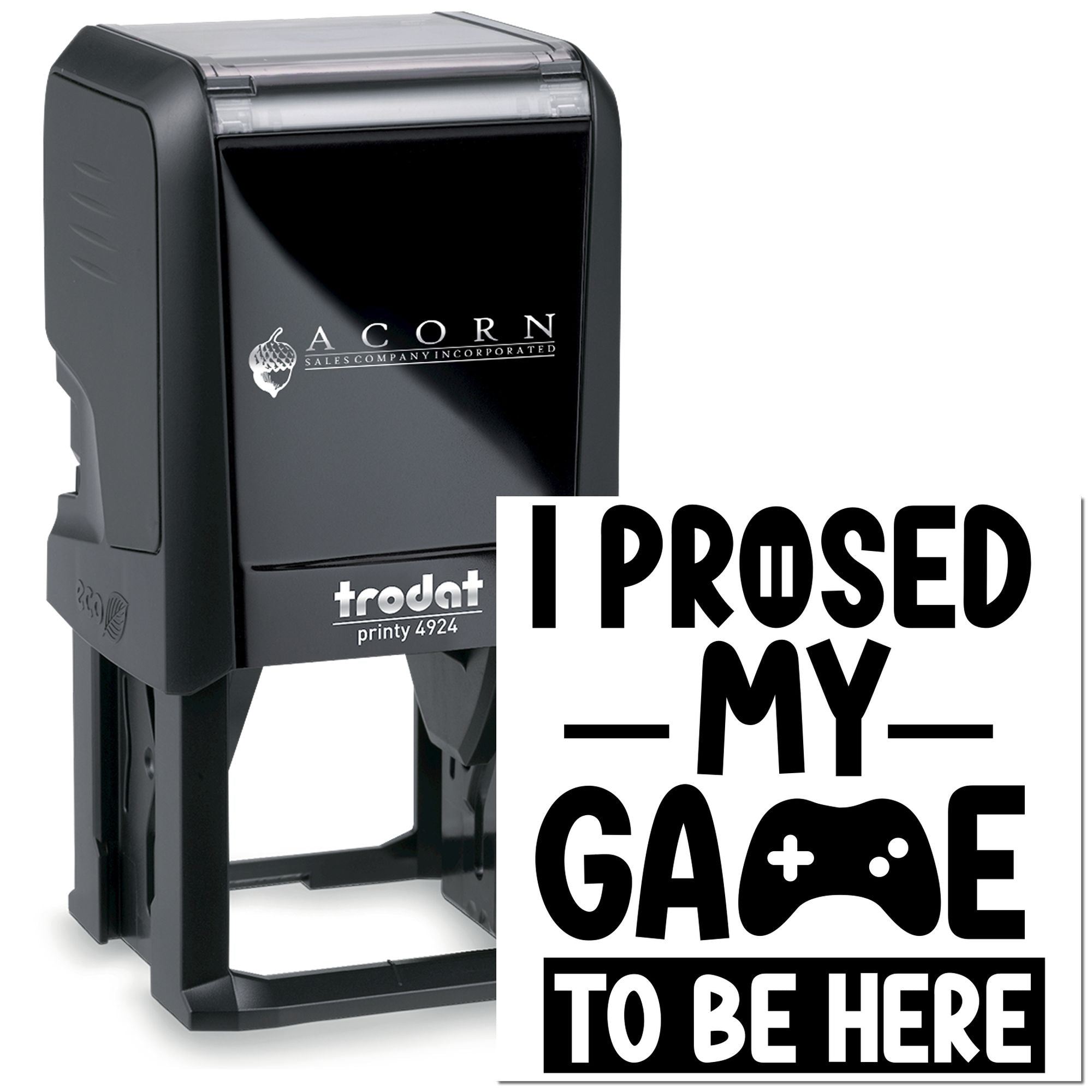 Custom Trodat Printy 4924 self-inking rubber stamp with gamer-themed logo imprint for personalized business branding.