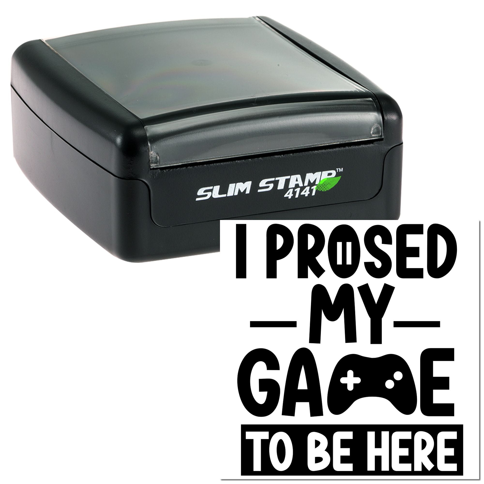 Self-inking Slim Stamp 4141 rubber stamp with custom gamer-themed message imprint for personalized office or craft use.