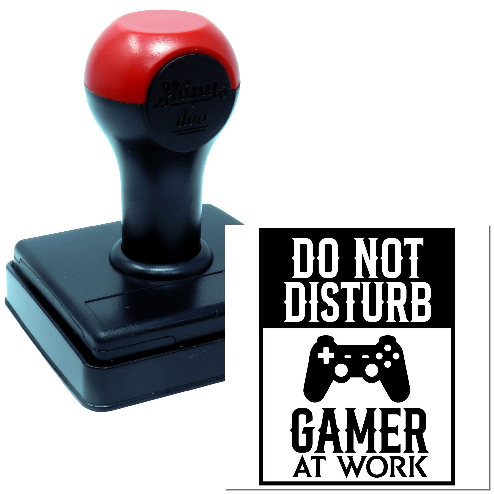 Self-inking rubber stamp with Do Not Disturb Gamer at Work message and controller icon for gaming rooms or desks.