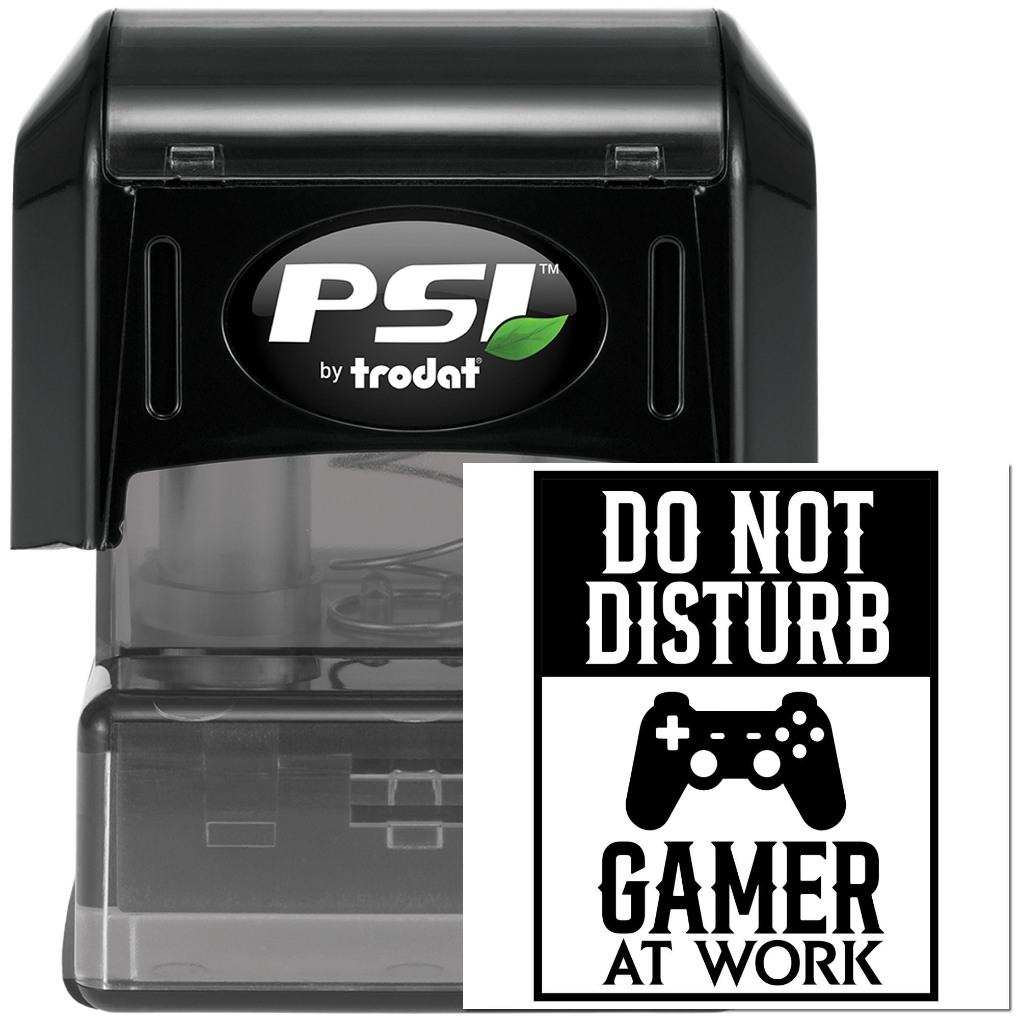 PSI by Trodat self-inking rubber stamp with Do Not Disturb Gamer at Work message and game controller icon.