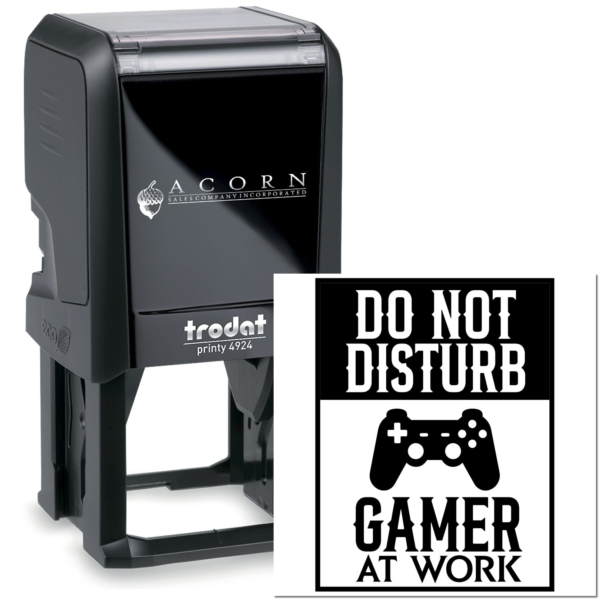 Trodat self-inking rubber stamp with Do Not Disturb Gamer at Work imprint for custom office or gaming reminders.