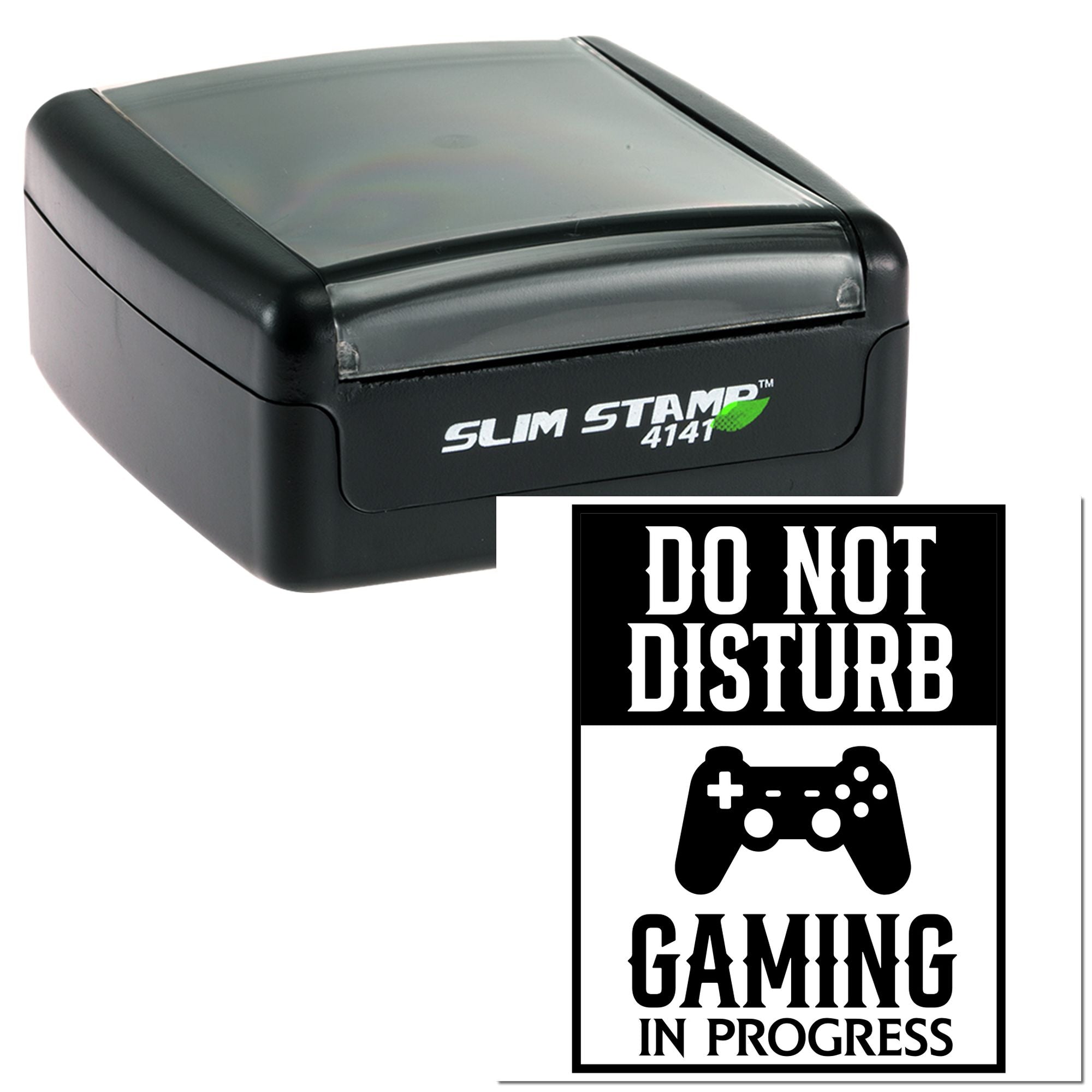 Custom rubber stamp with Do Not Disturb Gaming in Progress design, featuring controller icon and Slim Stamp 4141 case.