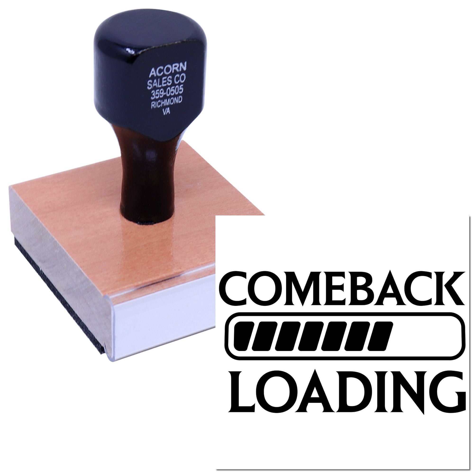 Comeback Loading rubber stamp design for business promotions, return-to-work messaging, and custom branding.