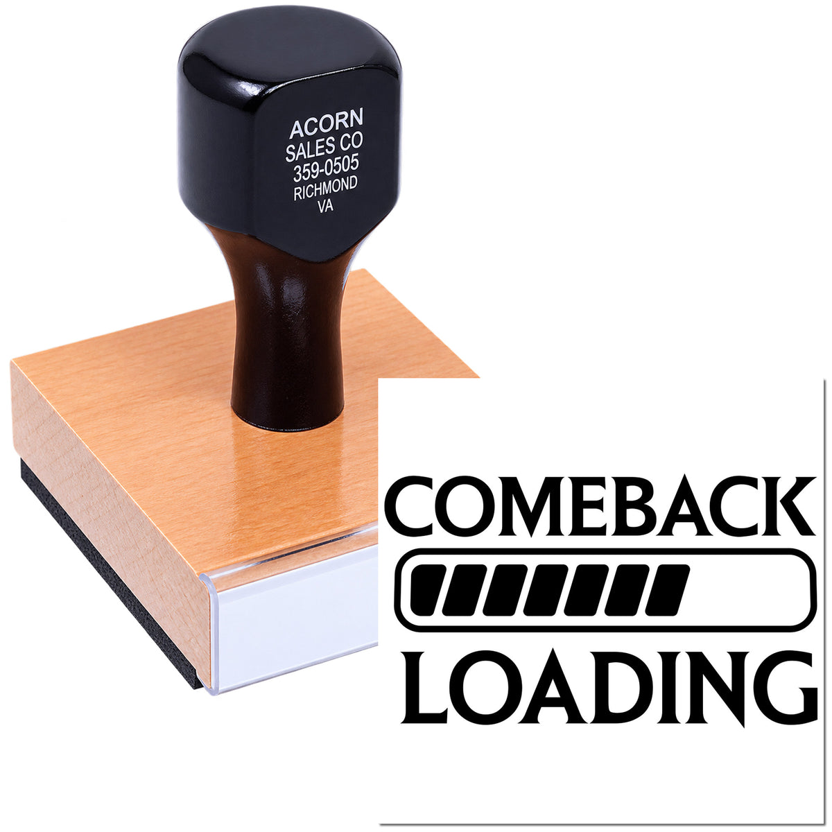 Comeback Loading rubber stamp design for business promotions, return-to-work messaging, and custom branding.