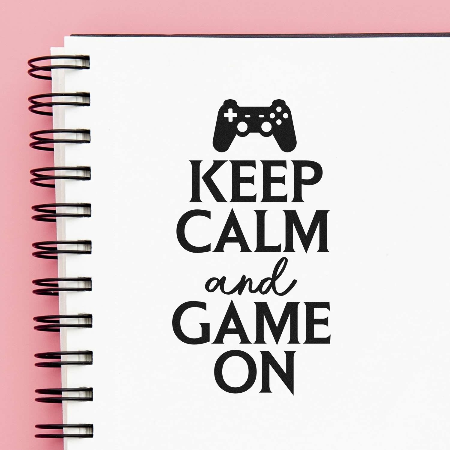Keep Calm and Game On rubber stamp with game controller icon, ideal for gamer crafts, journaling, and DIY projects.