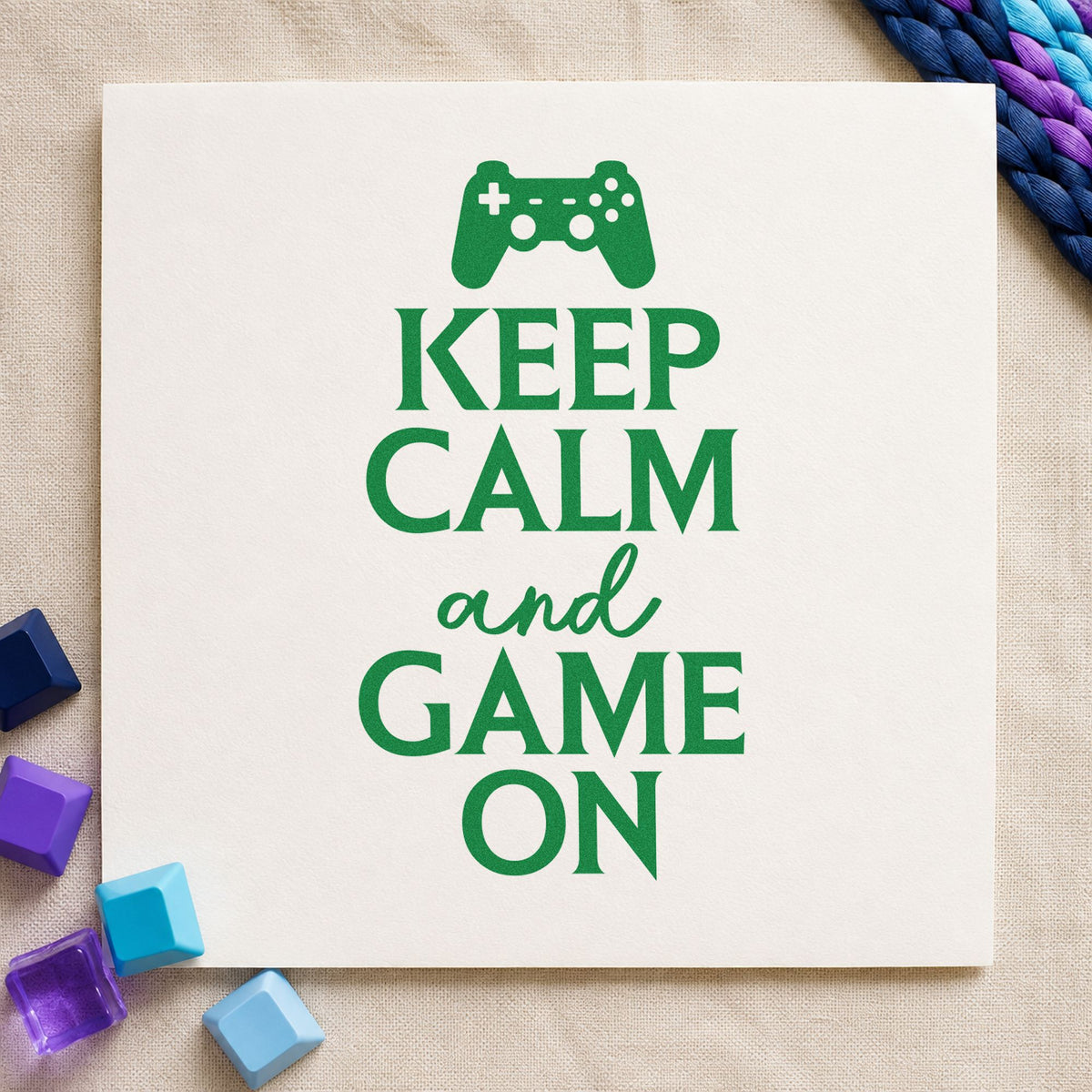 Keep Calm Game On craft stamp in green ink on cardstock, an easy option for birthday album page.