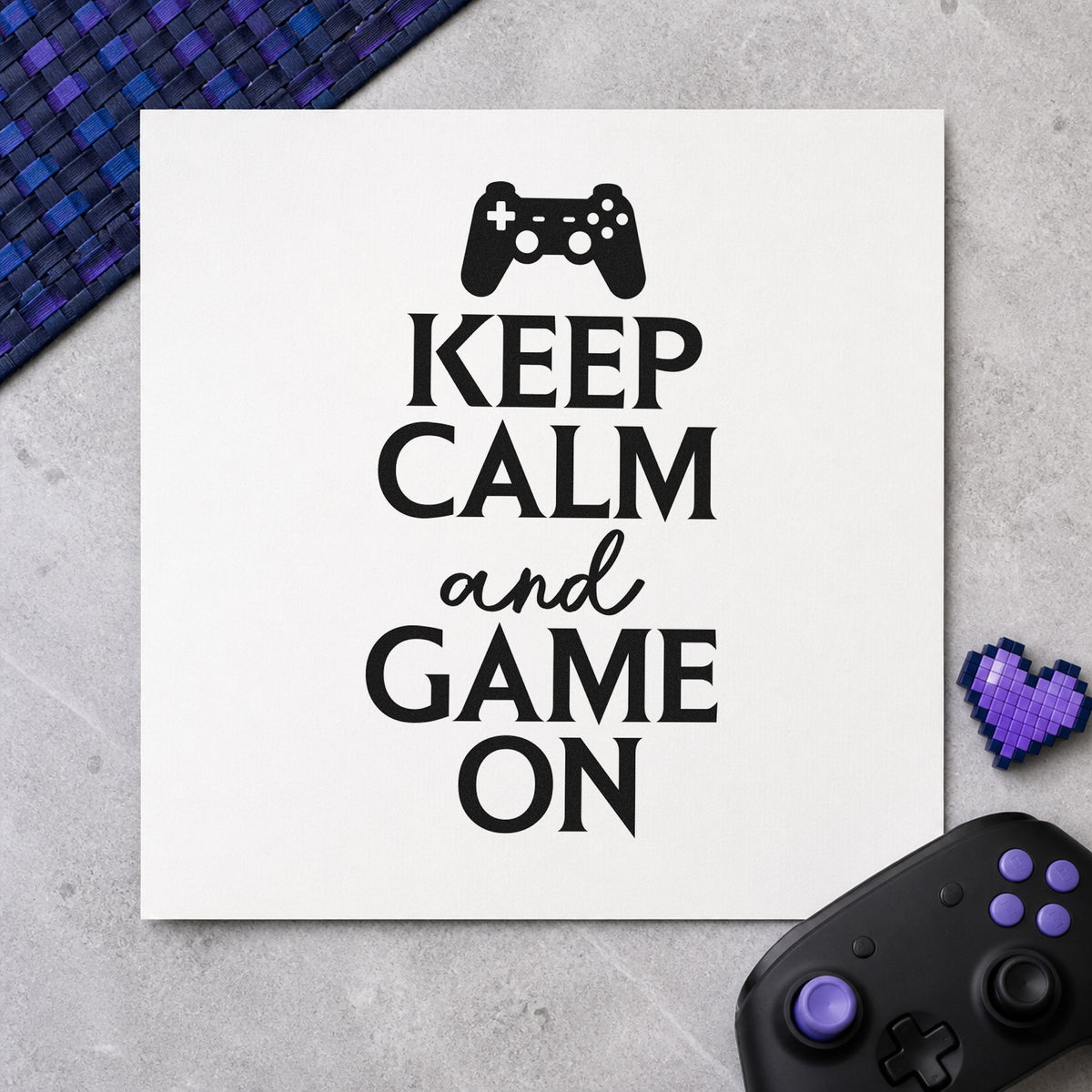 Keep Calm Game On craft stamp imprint in black ink on a handmade project, one idea being favor bag gift tags.