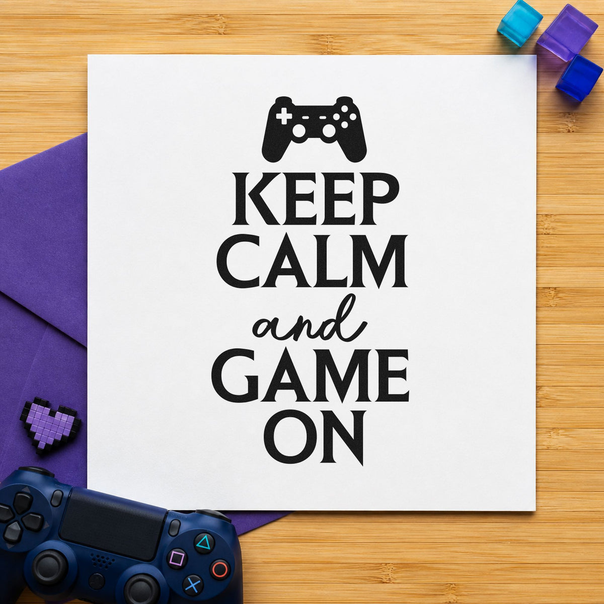 Keep Calm Game On rubber stamp printed in black ink, ready for small controller cards and similar paper crafts.