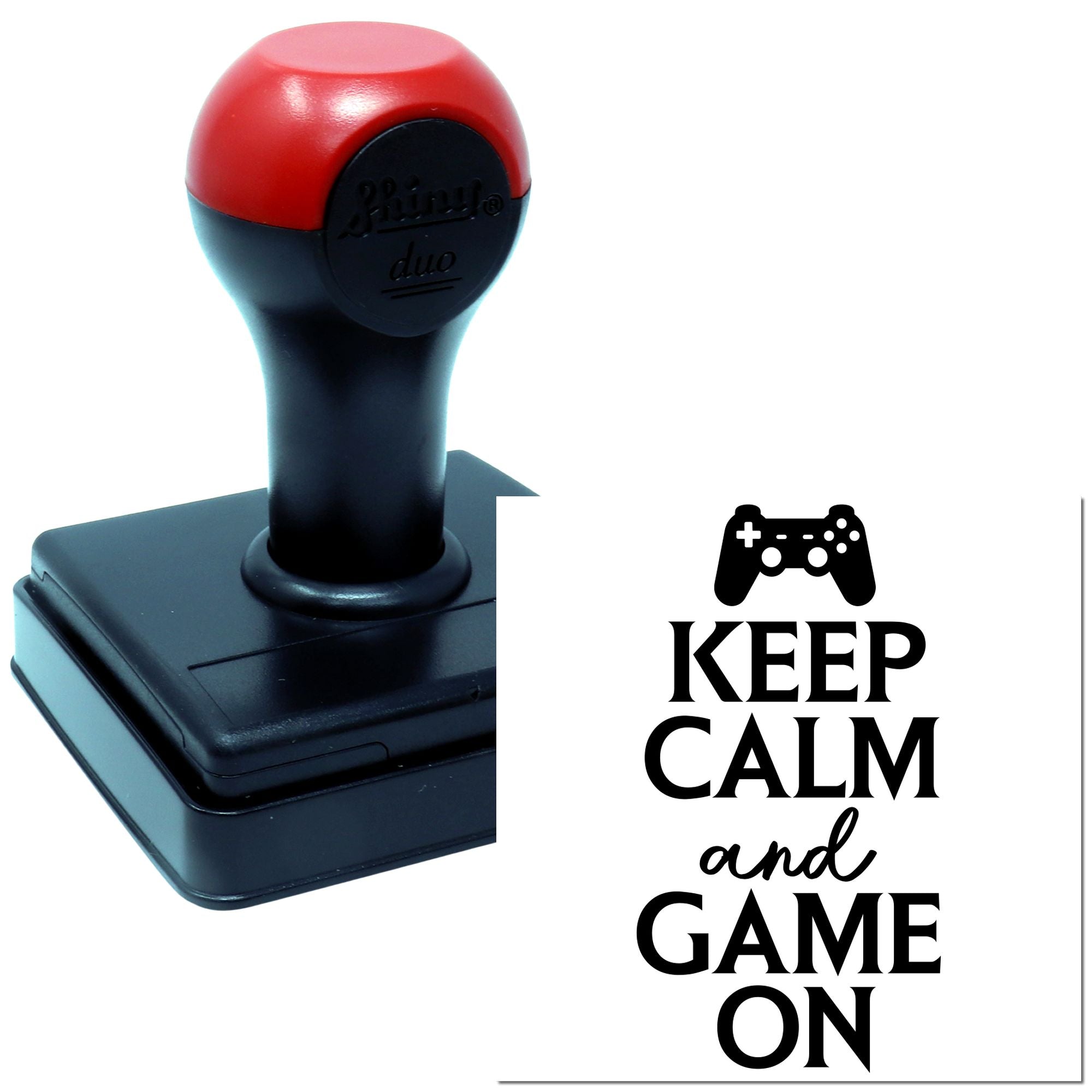 Keep Calm and Game On custom rubber stamp with game controller icon for gaming crafts, cards, and packaging.