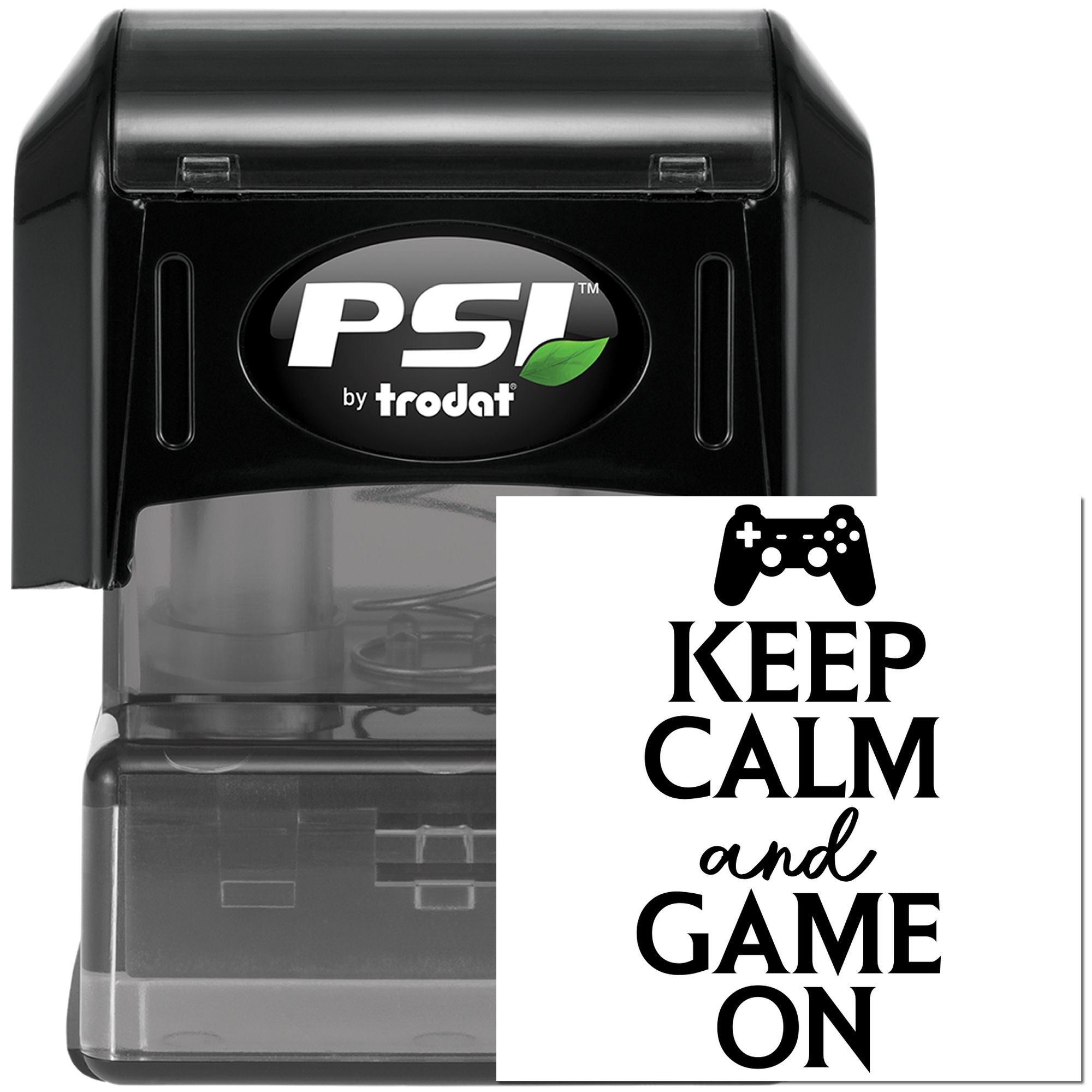 Keep Calm and Game On gaming rubber stamp by PSI by Trodat, self-inking stamp with controller icon.