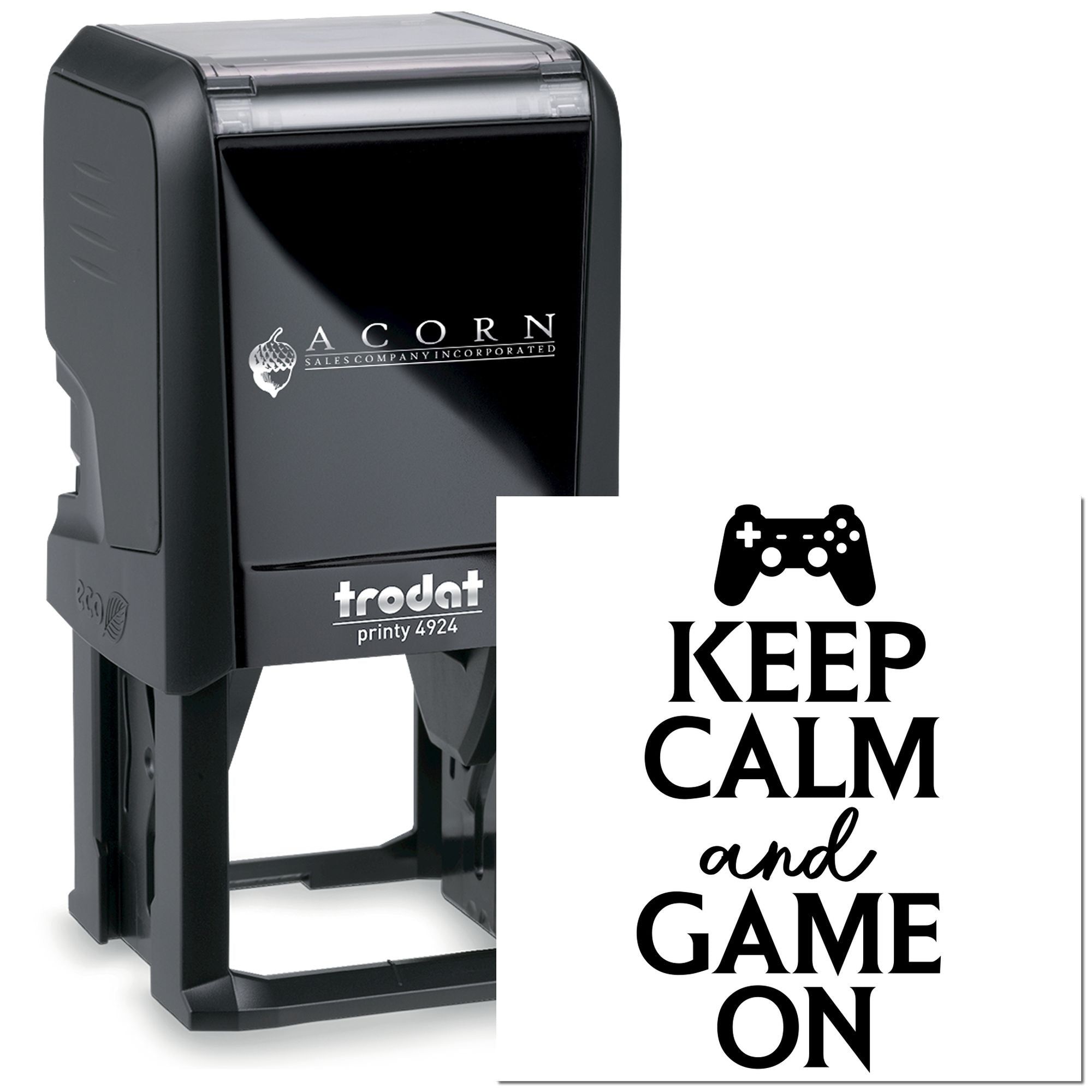 Custom self-inking rubber stamp with Keep Calm and Game On game controller design, Trodat Printy 4924 for branding.