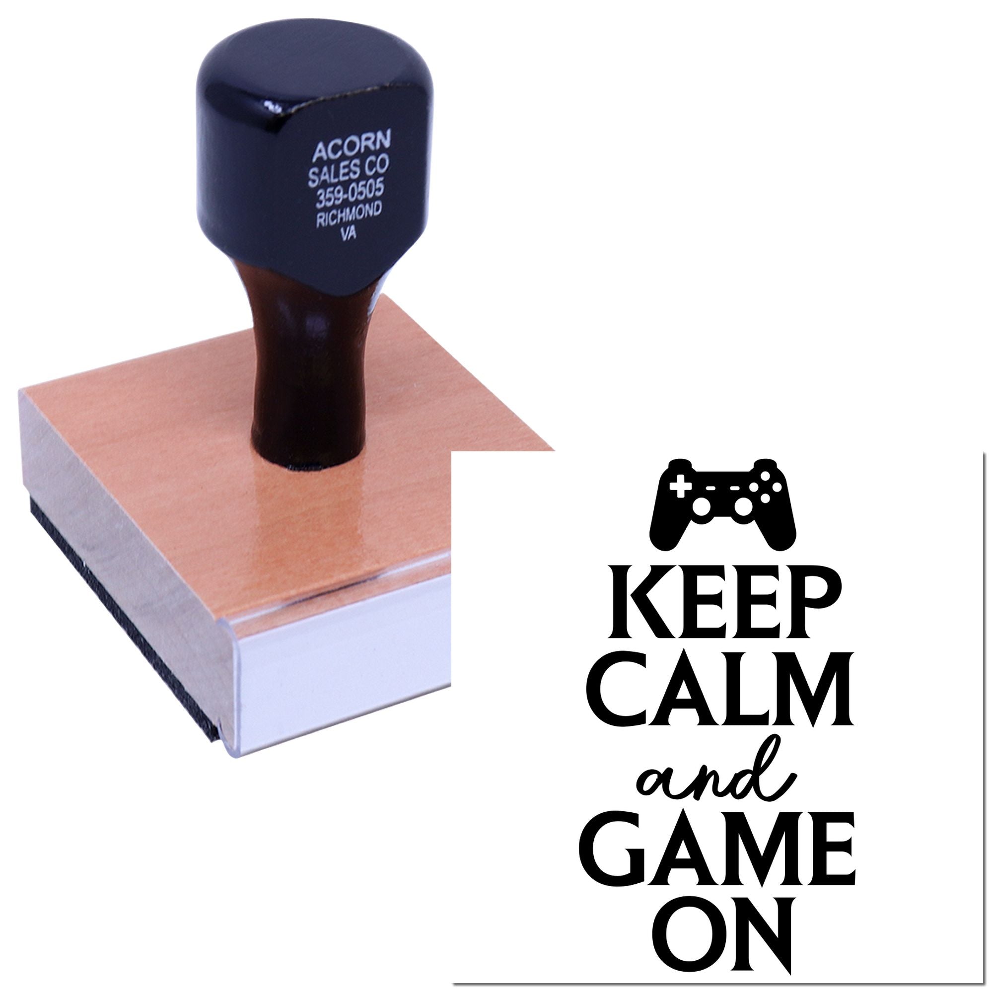 Keep Calm and Game On rubber stamp with game controller icon for gaming-themed branding and crafts.
