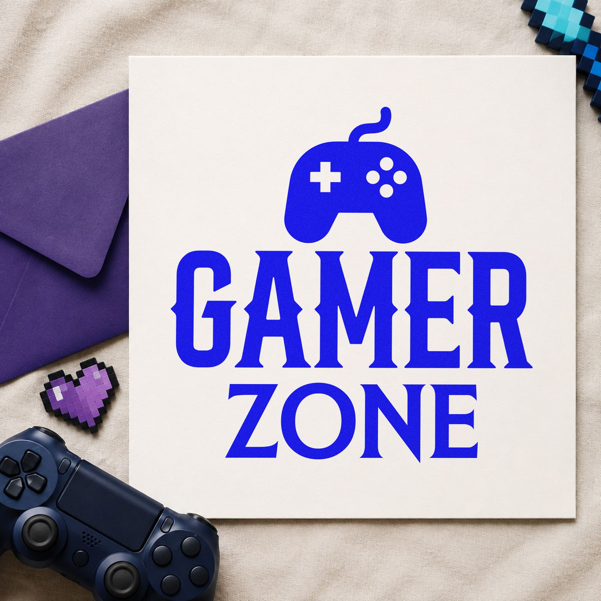 Gamer Zone Wired Controller craft stamp imprinted in blue ink on paper, a design suited to framed basement stairs.