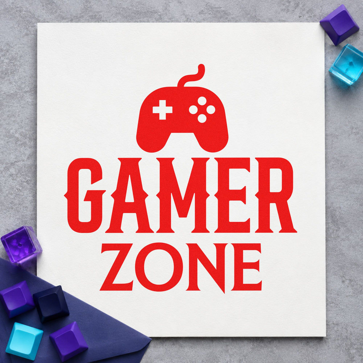 Gamer Zone Wired Controller rubber stamp shown in red ink, stamped for projects such as bin console labels.