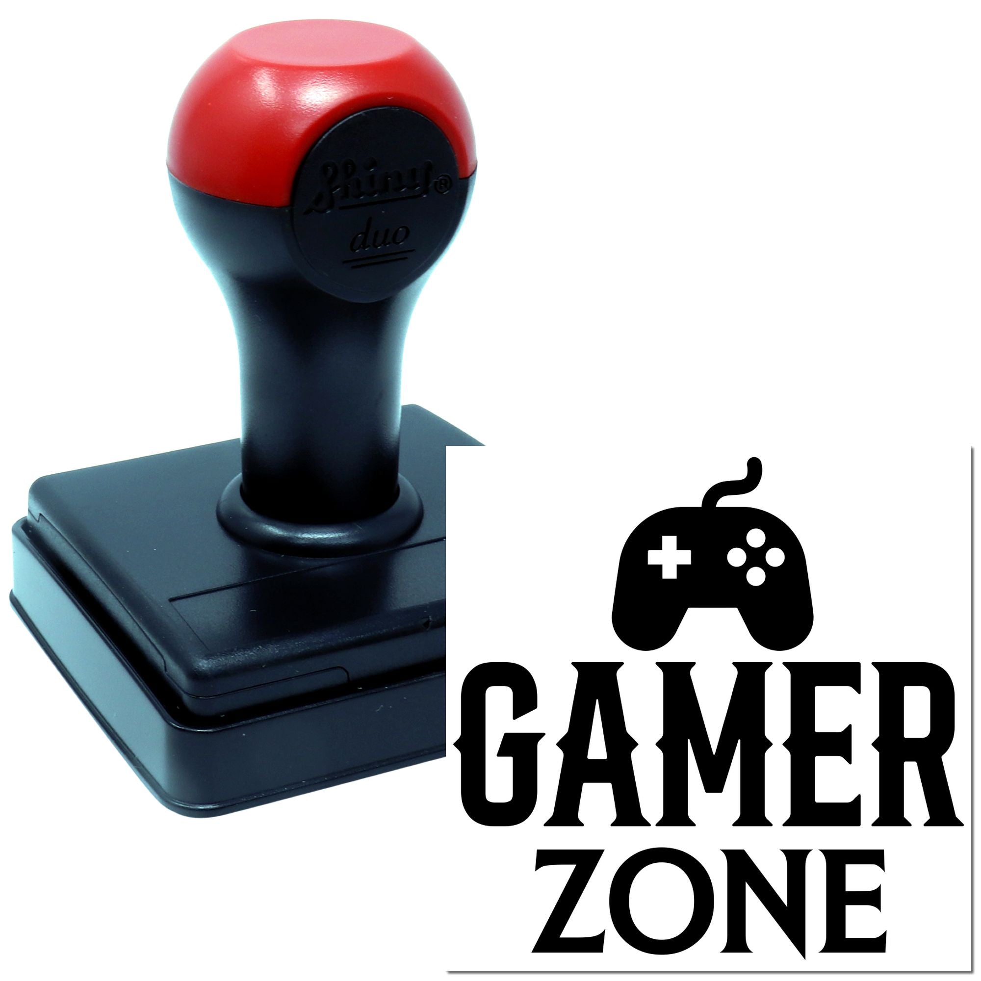 Custom rubber stamp with Gamer Zone gaming controller logo for gamer-themed branding and packaging.