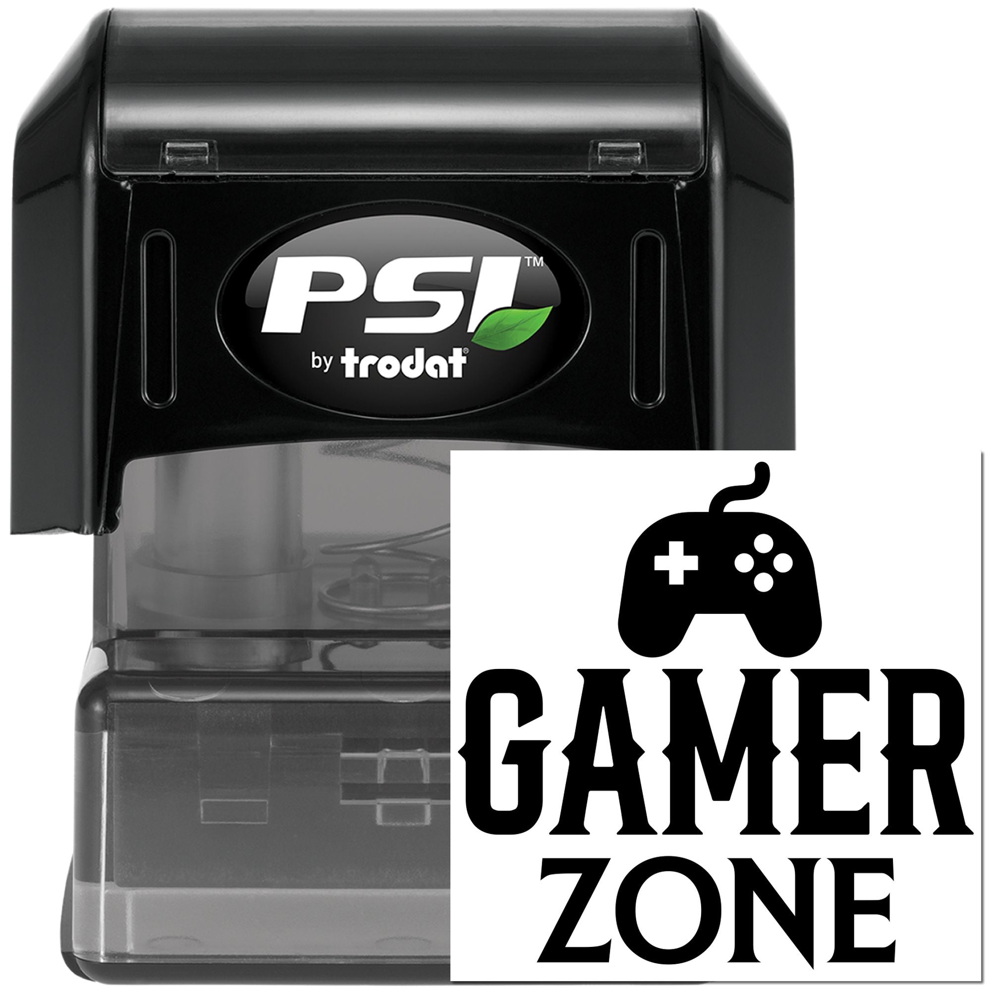 Custom Gamer Zone self-inking rubber stamp by PSI Trodat for gaming-themed packaging and branding.