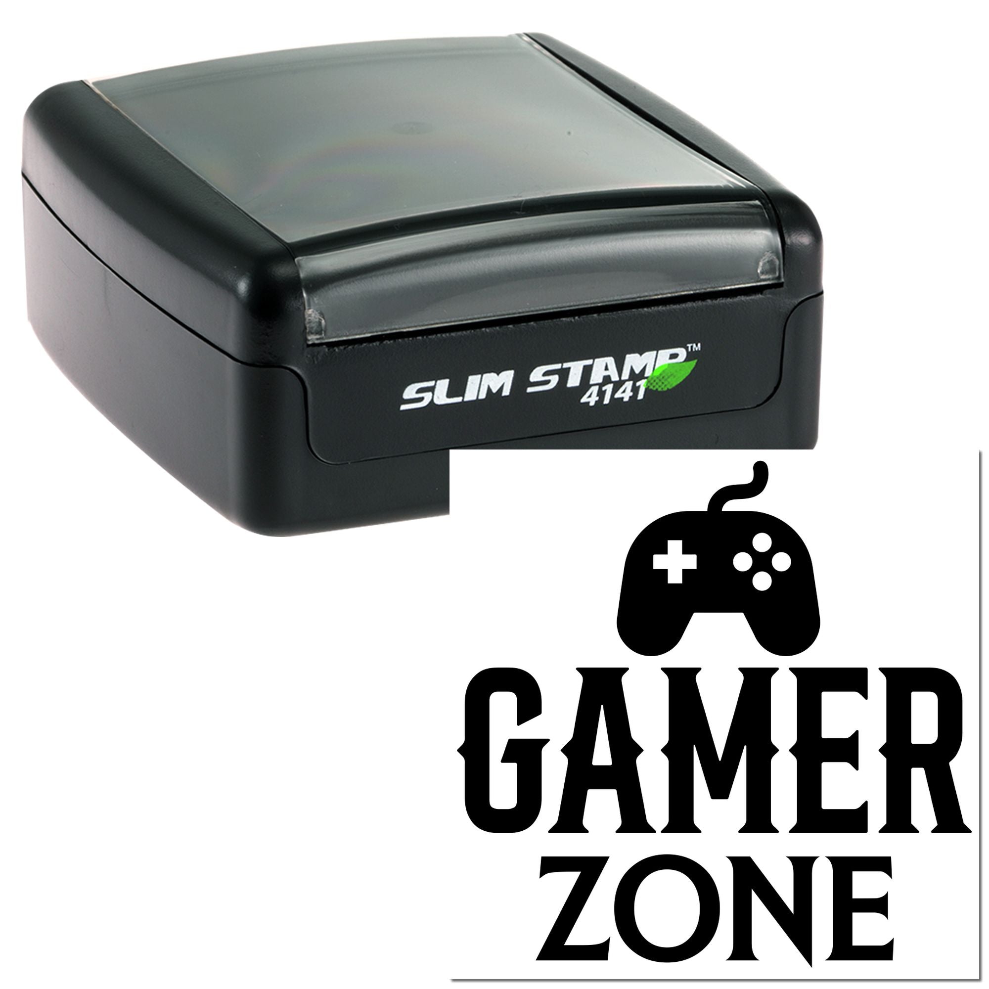 Slim Stamp 4141 self-inking rubber stamp with Gamer Zone game controller logo for custom gamer branding.