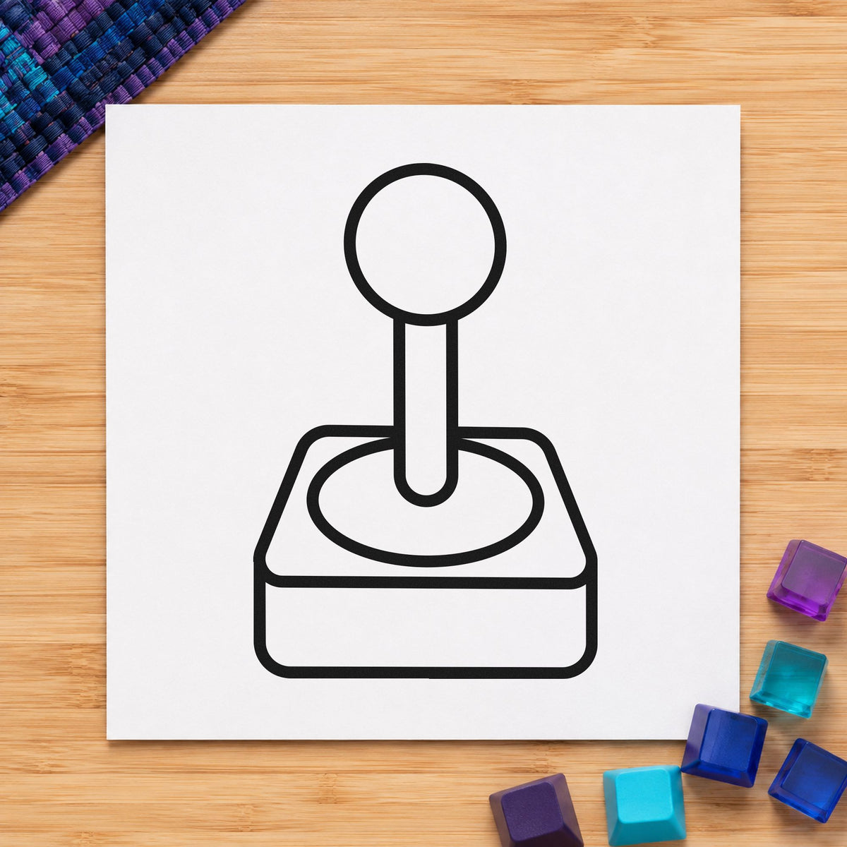 Retro Joystick Outline Graphic craft stamp imprint in black ink on a handmade project, one idea being part box gift tags.
