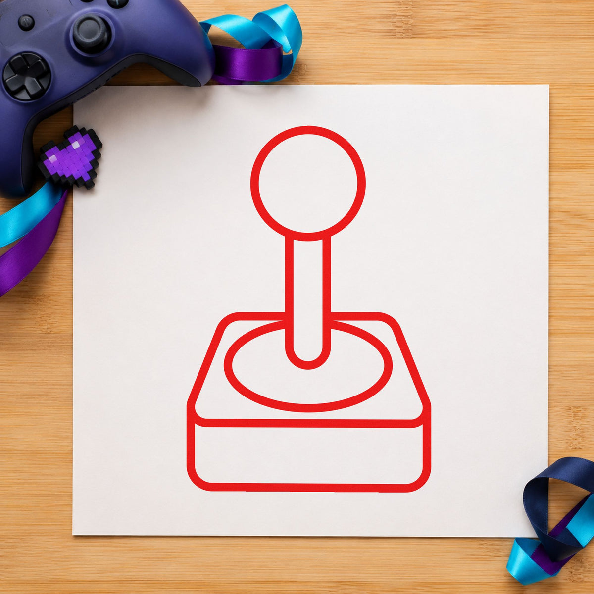 Retro Joystick Outline Graphic rubber stamp shown in red ink, stamped for projects such as bin button labels.