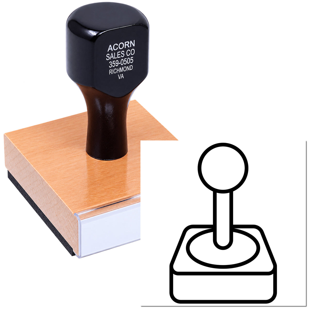 Custom rubber stamp with wood handle for business branding, address printing, and logo impressions.