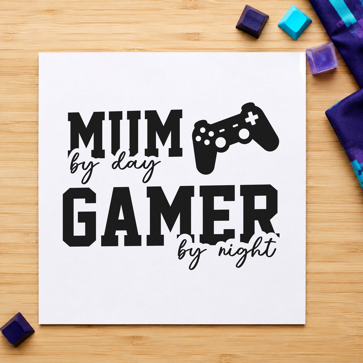 Mum Day Gamer Night craft stamp imprint in black ink on a handmade project, one idea being setup gift tags.
