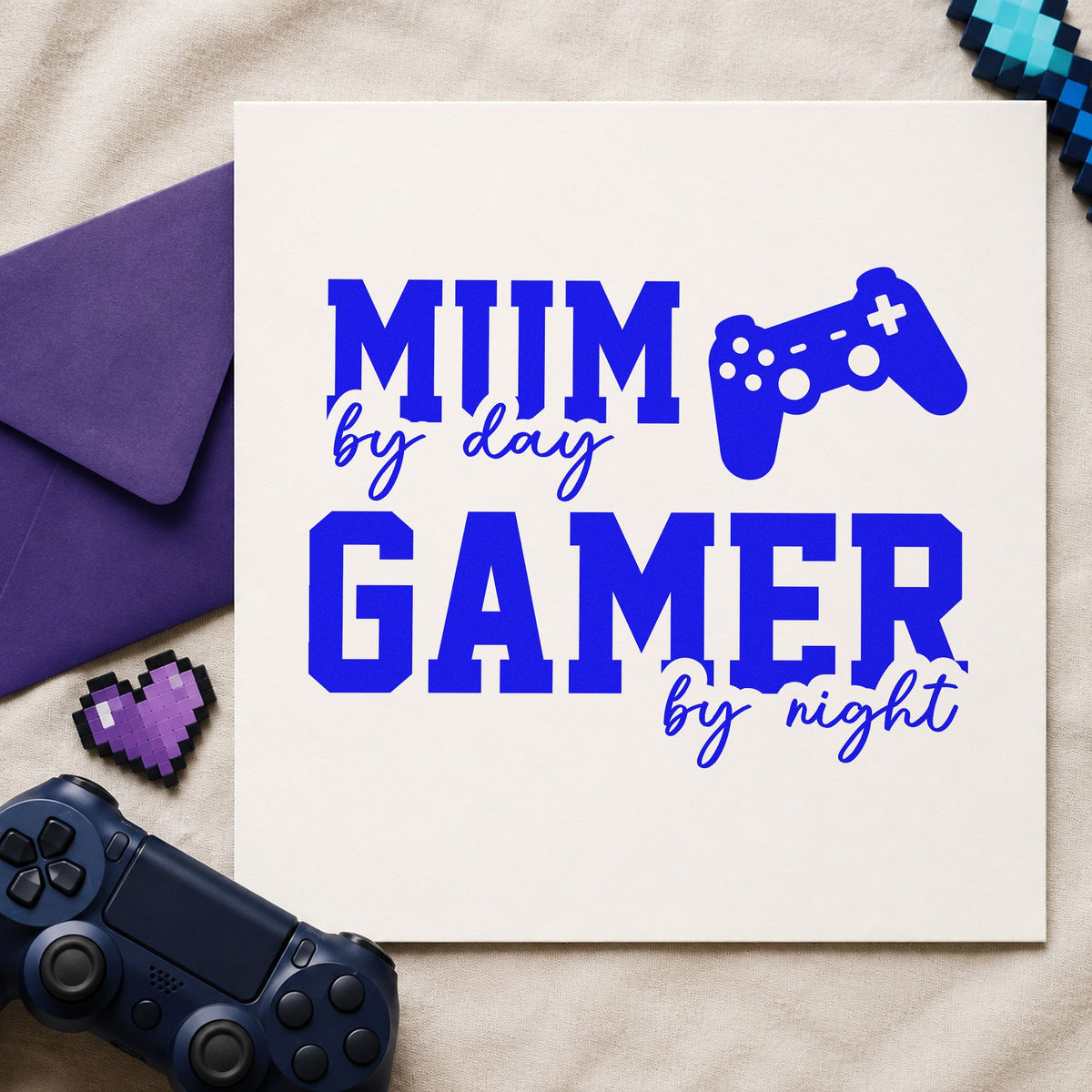 mom Day Gamer Night craft stamp in blue ink on cardstock, an easy option for chair cushion printing.