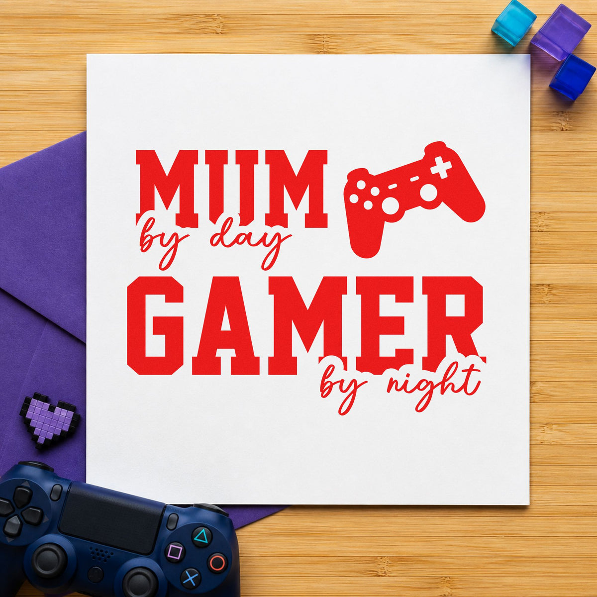 mom Day Gamer Night rubber stamp shown in red ink, stamped for projects such as bin cable labels.