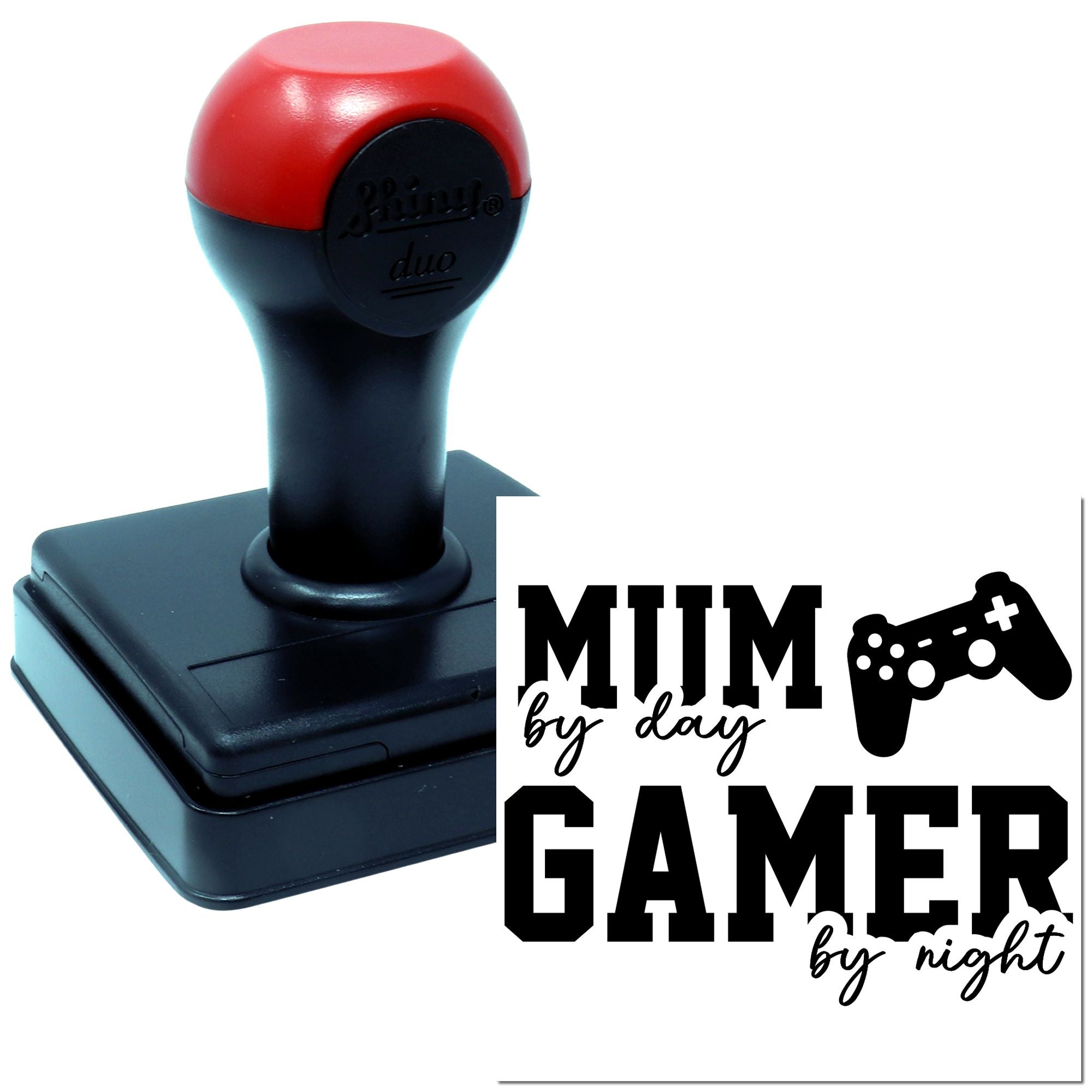 Self-inking rubber stamp mockup featuring Mum by day, gamer by night design with game controller icon for gamer mom gifts.