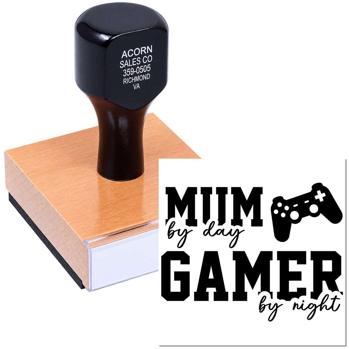 Custom rubber stamp with Mum by Day, Gamer by Night design and game controller icon for personalized stamping.