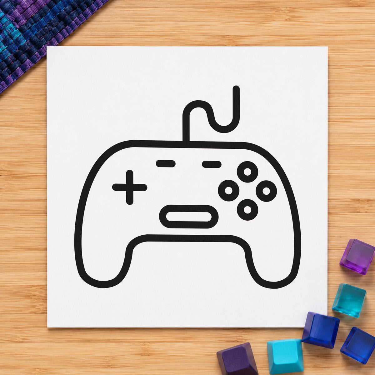 Outlined Wired Game Controller craft stamp in black ink on cardstock, an easy option for collection album page.