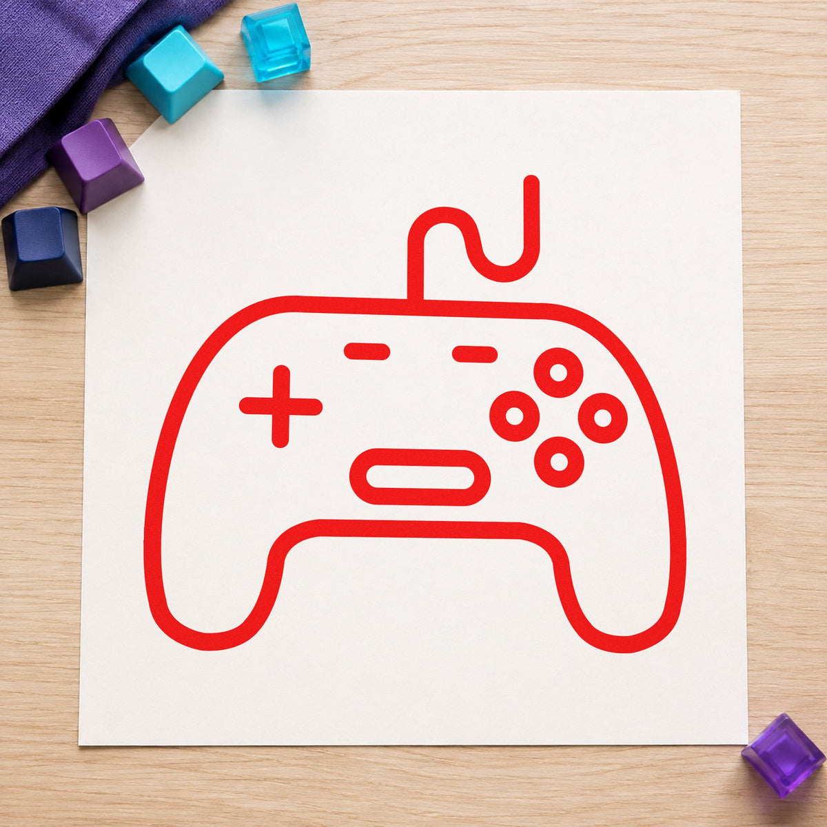 Outlined Wired Game Controller rubber stamp shown in red ink, stamped for projects such as shelf system labels.