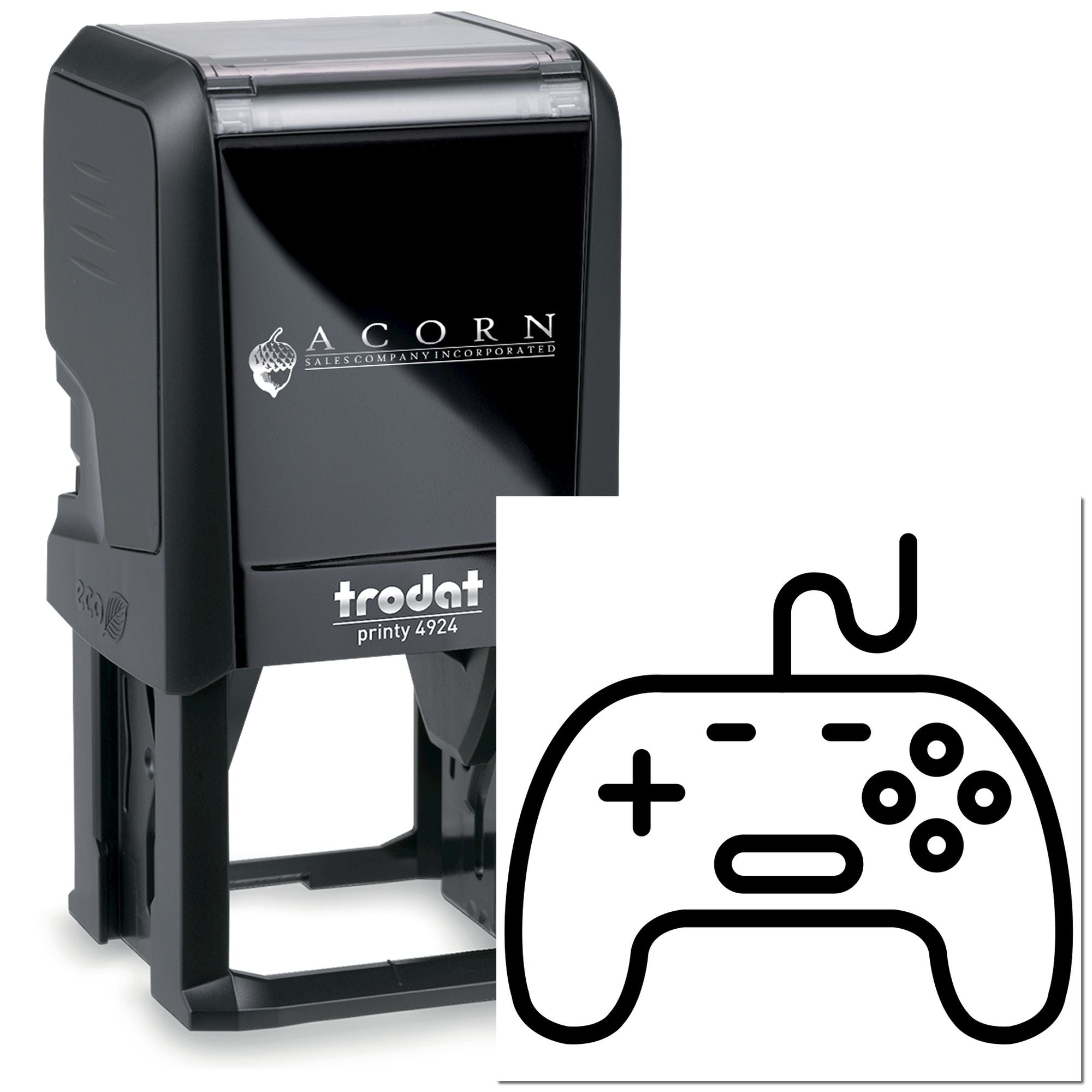 Custom self-inking rubber stamp, Trodat Printy 4924, with Acorn Sales Company logo and game controller icon.