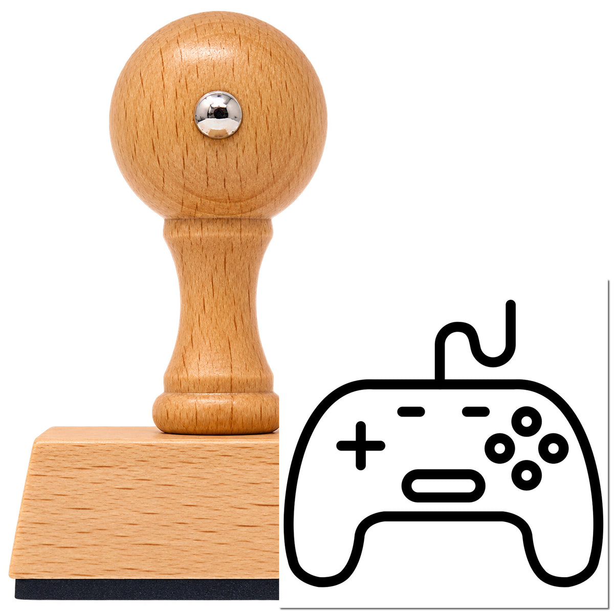 Wired Retro Controller Line Art Vintage Pro rubber stamp in European beech wood with a round knob handle, shown beside its black imprint.