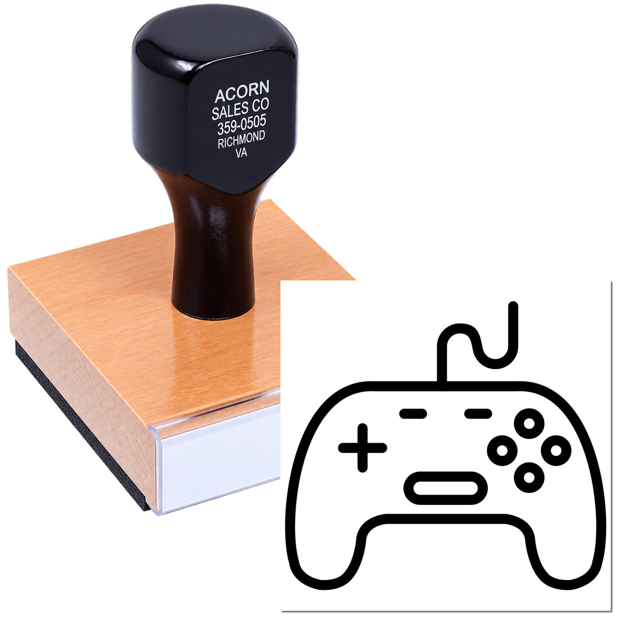 Custom rubber stamp featuring a video game controller design for gaming-themed branding and craft projects.