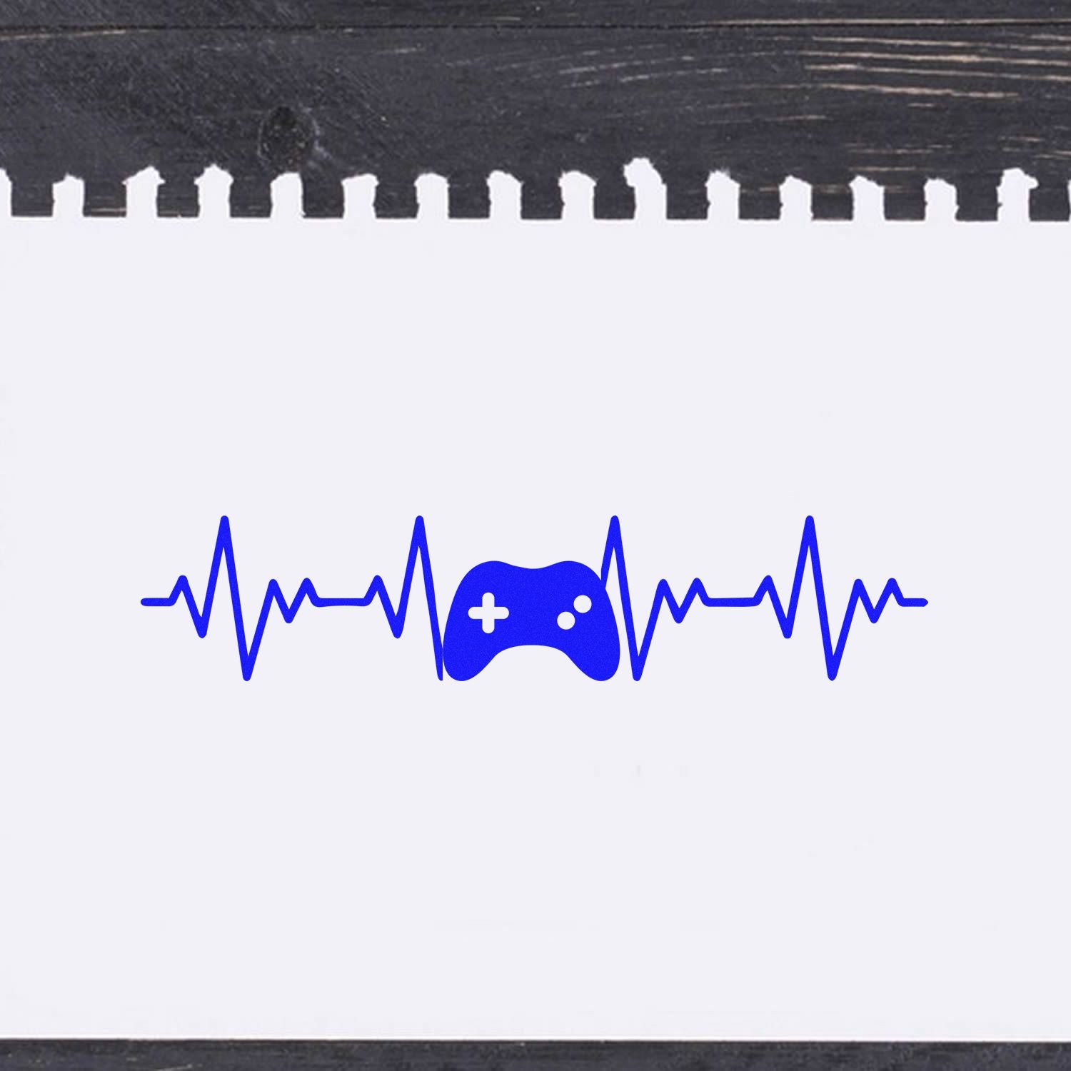 Gaming heartbeat logo rubber stamp with controller icon and ECG line, perfect for gamer-themed custom stamp branding.