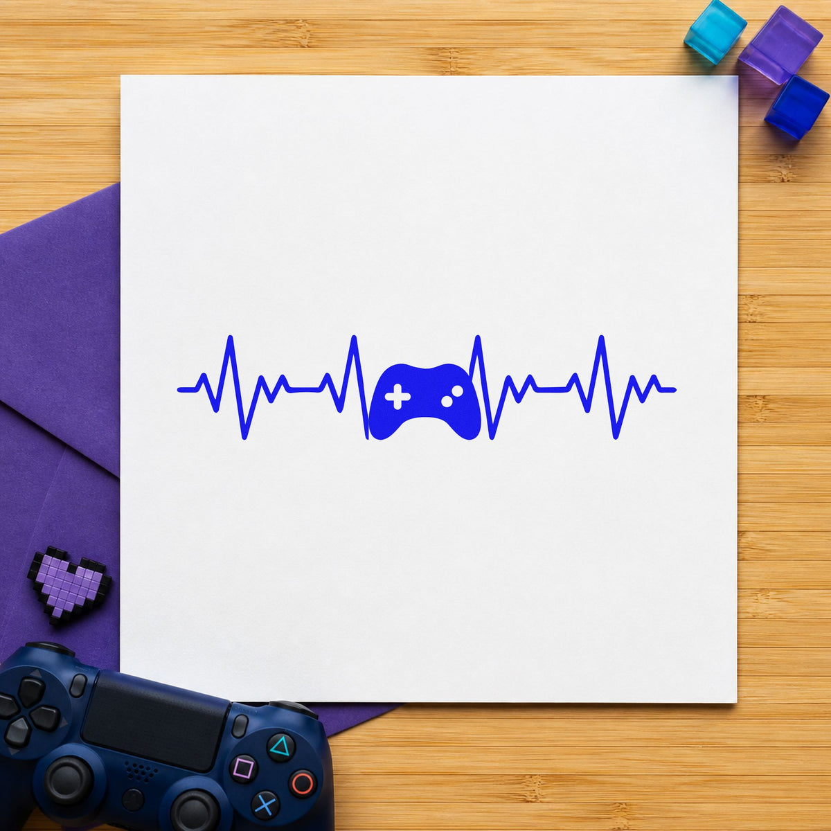 Game Controller Heartbeat Line craft stamp imprinted in blue ink on paper, a design suited to framed front counter.