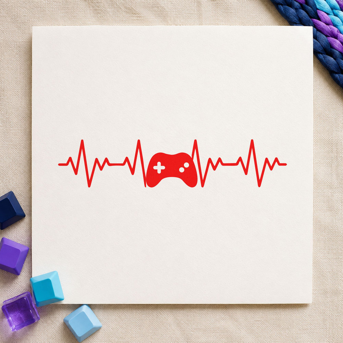 Game Controller Heartbeat Line rubber stamp shown in red ink, stamped for projects such as bin peripheral labels.