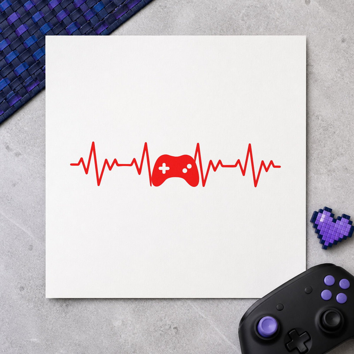 Game Controller Heartbeat Line craft stamp imprint in red ink on a handmade project, one idea being house rule cards.