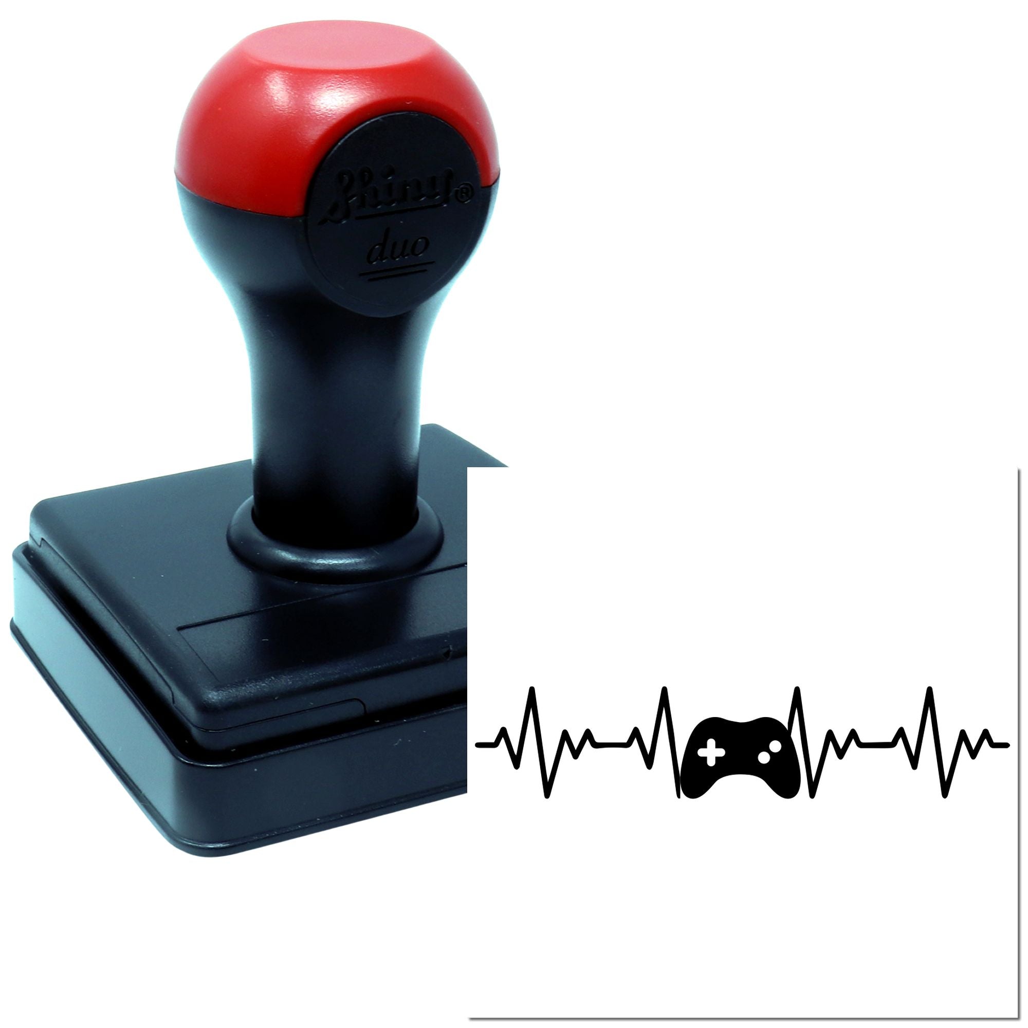 Custom self-inking rubber stamp with gaming heartbeat logo design for branded imprinting.