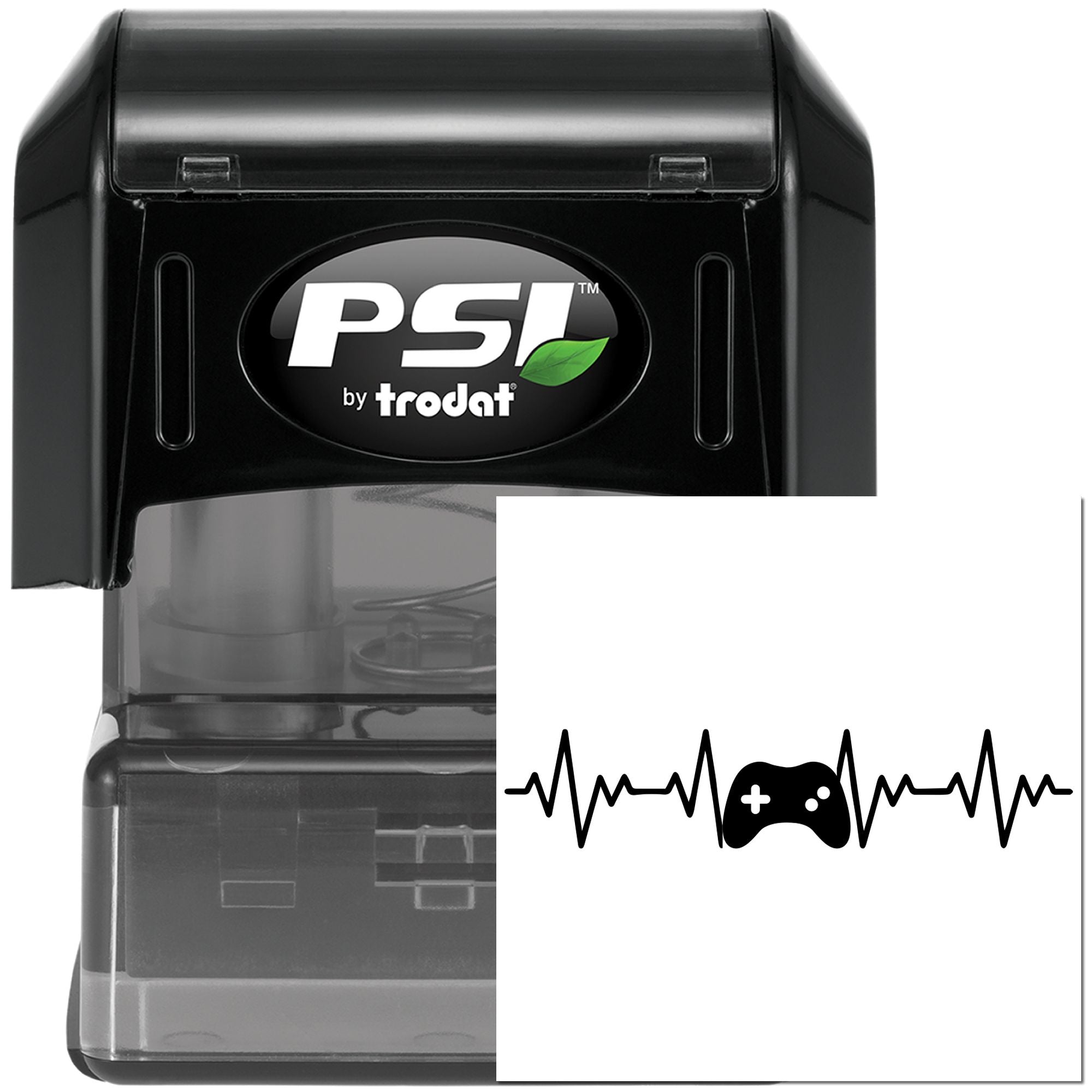 Self-inking PSI by Trodat rubber stamp with custom gaming heartbeat design for personalized impressions.